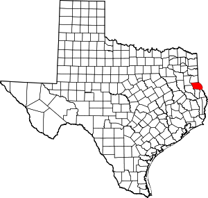 Map of Texas highlighting Shelby County