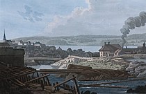 Mossefossen och Moss Järnverk sommaren 1800, akvatint av J.W. Edy.