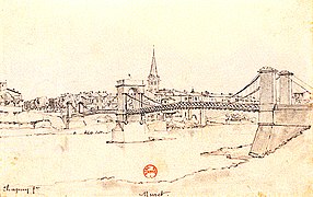 Dessin à la mine du pont suspendu réalisé par Nicolas Chapuy (1790-1858).