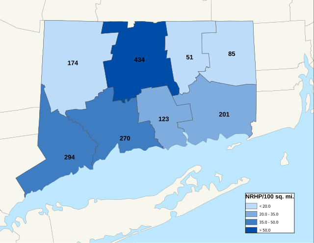 Distribuição de NRHPs nos condados de Connecticut.