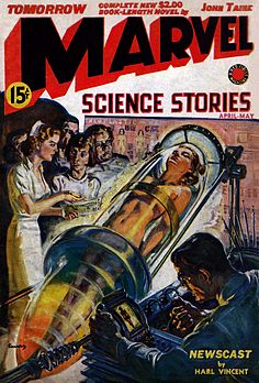 Capa do exemplar de abril-maio de 1939 da revista pulp americana Marvel Science Stories, criada por Norman Saunders. (definição 3 988 × 5 884)