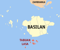 Mapa ng Basilan na nagpapakita sa lokasyon ng Tabuan-Lasa na dating bahagi ng Sumisip.