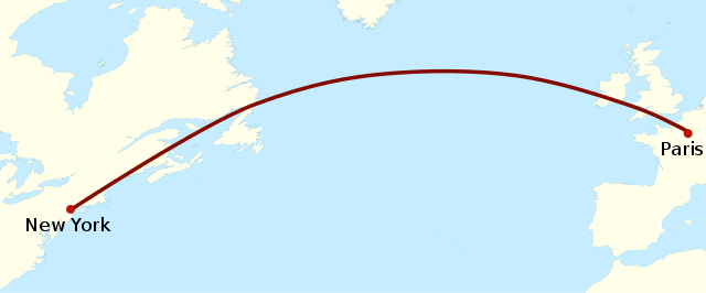 A simplified map of the northern Atlantic, showing a curved great circle route from Paris to New York