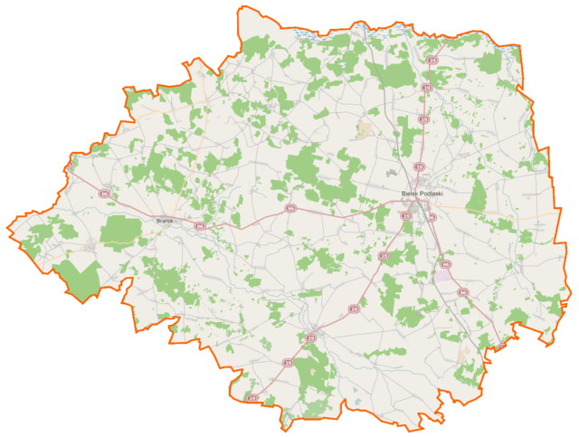 Mapa konturowa powiatu bielskiego, blisko prawej krawiędzi na dole znajduje się punkt z opisem „źródło”, natomiast blisko górnej krawiędzi nieco na prawo znajduje się punkt z opisem „ujście”