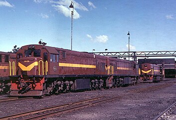 No. 34-435 in SAR Gulf Red and whiskers livery and without saddle filters at Millsite, Krugersdorp, c. March 1982