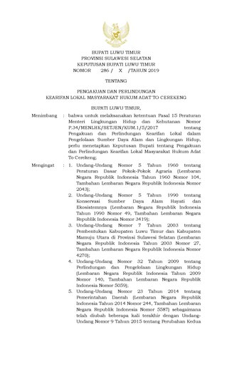 Surat Keputusan Bupati Luwu Timur Nomor 286/X/2019 tentang Pengakuan dan Perlindungan Kearifan Lokal Masyarakat Hukum Adat To Cerekeng