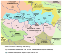 מפת ממלכת סרם בתחילת המאה ה-14 - בצבע ורוד בהיר ממלכת סרם בשנים 1291–1316 תחת שלטון המלך סטפאן דרוגטין, בצבע כחול - שטח בממלכת הונגריה תחת שליטתו של האוליגרך ההונגרי אוגרין צ'אק ב-1311