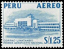 Sello de Correos del Perú con la imagen del aeropuerto (1953)