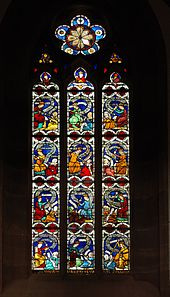 Virtues fighting vices, stained glass window (14th century) in the Niederhaslach Church Stiftskirche Niederhaslach Glasfenster (Kampf der Tugenden mit dem Laster).jpg