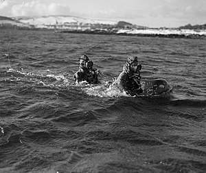 Black and white photograph of two men wearing diving suits with their heads and shoulders just above the water