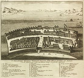 Overzichtskaart van Dejima, uit Thomas Salmon (1729), Hedendaegsche historie, of tegenwoordige staet van alle volkeren