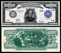 $10,000 Federal Reserve Note, Series 1918, Fr.1135d, depicting Salmon P. Chase.