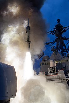 USS John Paul Jones launches a RIM-174 Standard ERAM (Standard Missile-6, SM-6) during a live-fire test of the ship's Aegis weapons system in the Pacific Ocean in June 2014 USS John Paul Jones (DDG-53) launches RIM-174 June 2014.JPG
