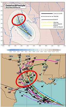 Top: Weather Research and Forecasting model simulation of Hurricane Rita tracks. Bottom: The spread of National Hurricane Center multi-model ensemble forecast. WRF rita spread2.jpg