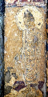 The Buddha in long, heavy robe, a design derived from the art of Gandhara, Ajanta Caves, 5th century AD. 089 Cave 10, Buddha Drawing on Column (33896473480) detail.jpg