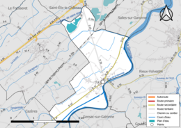 Carte en couleur présentant le réseau hydrographique de la commune