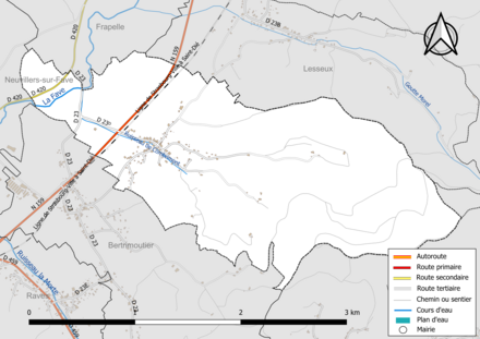 Carte en couleur présentant le réseau hydrographique de la commune