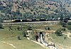 A Santa Fe freight train crosses over itself at Tehachapi Loop in 1987