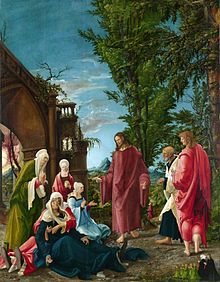 Christ taking Leave of his Mother, by Albrecht Altdorfer c. 1520, one of the treatments with a landscape background. Albrecht Altdorfer, Christ Taking Leave of His Mother (probably 1520).jpg