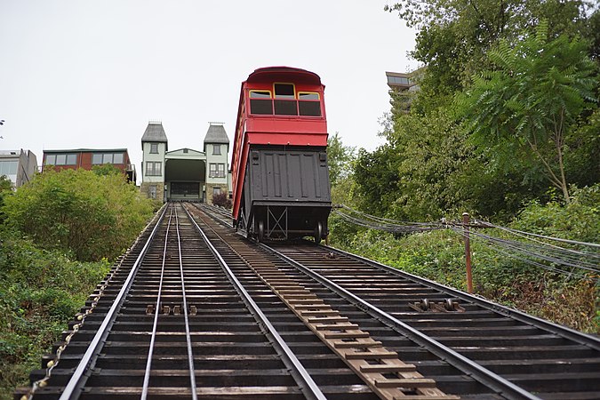 The Duquesne Incline funicular takes passengers up a very steap slope.