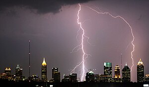 Lightning bolts hitting Atlanta skyscrapers