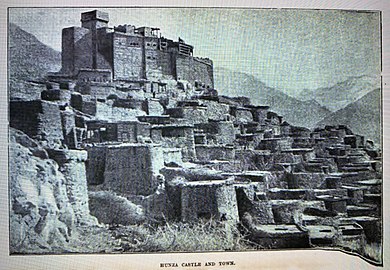 A view of Baltit Fort in Hunza valley, as published in "Where Three Empires Meet" by E.F. Knight in 1905, 2nd Edition.