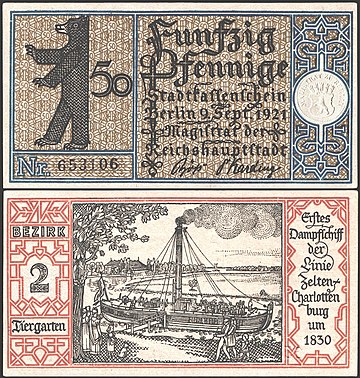 Emitida há 100 anos: Notgeld de 50 Pfennig emitida em 1921 pelo distrito Tiergarten em Berlim, Alemanha. O reverso mostra o primeiro navio a vapor construído na Alemanha, o Prinzessin Charlotte von Preußen, com o texto "Primeiro barco a vapor da linha Zelten-Charlottenburg por volta de 1830". No entanto, a data de 1830 está errada, pois o "Charlotte von Preußen" foi desmontado em 1824 (definição 2 533 × 2 662)