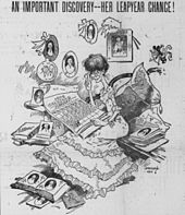 A spinster eagerly awaits the upcoming leap day, in this 1903 cartoon by Bob Satterfield. Bob Satterfield cartoon about leap year traditions.jpg