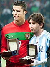 Ronaldo with Lionel Messi before an international friendly between Portugal and Argentina in 2011 Cristiano Ronaldo and Lionel Messi - Portugal vs Argentina, 9th February 2011.jpg