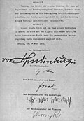 Dernière page de la loi des pleins pouvoirs, portant les signatures de Hindenburg, Hitler, Frick, von Neurath et von Krosigk.