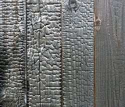 Ejemplos de madera más o menos carbonizada. La última de la derecha, no posee la capa carbonizada.