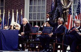 F. W. de Klerk and Nelson Mandela in July 1993, near the close of negotiations, in Philadelphia, Pennsylvania to receive jointly the Liberty Medal. F.W. de Klerk, left, the last president of apartheid-era South Africa, and Nelson Mandela, his successor, wait to speak in Philadelphia, Pennsylvania LCCN2011634245.tif
