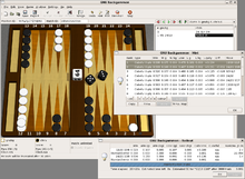 A screen shot of GNU Backgammon, showing an evaluation and rollout of possible moves GNU bg screenshot.png