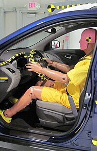 Crash test dummies have been used to replace live animals in impact testing. IIHS crash test dummy in Hyundai Tucson.jpg