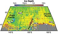 Map showing sites in which ice was found in craters by HiRISE