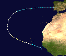 Storm path of Hurricane Jeanne. It starts near the west coast of Africa and curves in a wide half-circle course in the eastern Atlantic, with the storm becoming extratropical near the Azores