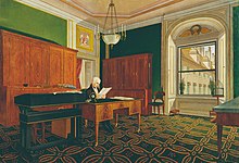 Emperor Francis I of Austria in his study at the Hofburg palace. The interior is in the Biedermeier style. The Concert of Europe, ensured by the Austrian chancellor and foreign minister Klemens von Metternich, enabled the period of peace in which Biedermeier sensibilities developed. Johann Stephan Decker - Kaiser Franz II. (I.) in seinem Arbeitszimmer - 2811 - Osterreichische Galerie Belvedere.jpg