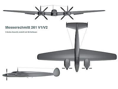 3D компьютерный вид Me 261 сверху, спереди и слева.