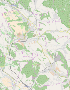 Mapa konturowa Nowej Rudy, blisko centrum na lewo znajduje się punkt z opisem „Dom przy ul. Piastów 27 w Nowej Rudzie”