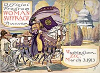 Official program of the Woman Suffrage Procession of 1913. In the actual march, the woman on horseback was Inez Milholland. Official Program Woman Suffrage Procession - March 3, 1913.jpg