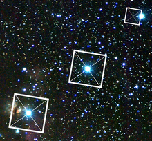 Central tenet of the OCT: outline of the Giza pyramids superimposed over Orion's Belt Orion Correlation 10,500 BC.png