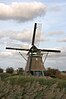 Molen P, achtkante bovenkruier. Romp en kap met riet gedekt. Roeden van ijzer