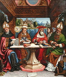 The Four Great Doctors of the Western Church were often depicted in art, here by Pier Francesco Sacchi, c. 1516. From the left: Saint Augustine, Pope Gregory I, Saint Jerome, and Saint Ambrose, with their attributes. Pier Francesco Sacchi - Dottori della Chiesa - ca. 1516.jpg