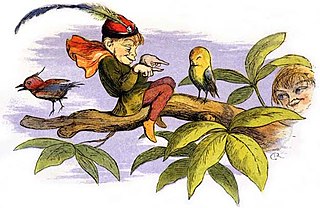 dessin en couleurs d'un petit personnage perché sur une branche d'arbre, semblant dialoguer avec un oiseau.