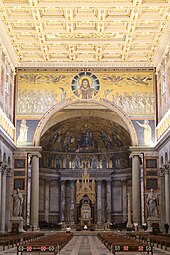 The triumphal arch in San Paolo, seemingly damaged during the earthquake of 801 and repaired by Leo III Rome Basilica of Saint Paul Outside the Walls 2020 P05.jpg