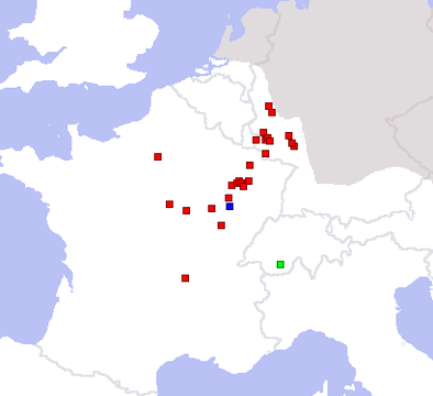 Carte des lieux[n 1] ayant livré des inscriptions invoquant Rosmerta (en rouge), ainsi que Cantismerta (vert) et Atesmerta (bleu).