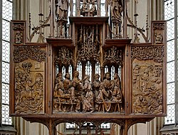 Rothenburg: The Altarpiece of the Holy Blood, by Tilman Riemenschneider (1501-1505). An example of an altarpiece with a central, sculpted section and relief wings. Rothenburg BW 16.JPG