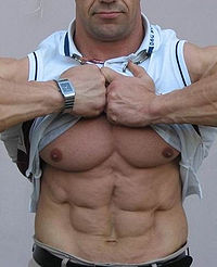 A man with well developed abdominal muscles (a "six-pack").