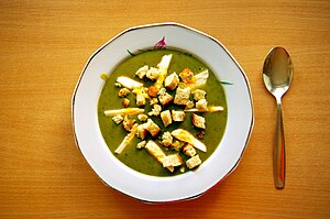 Sorrel soup with egg and croutons