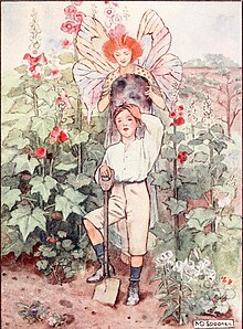 A fairy floats behind a young boy working in a flower garden